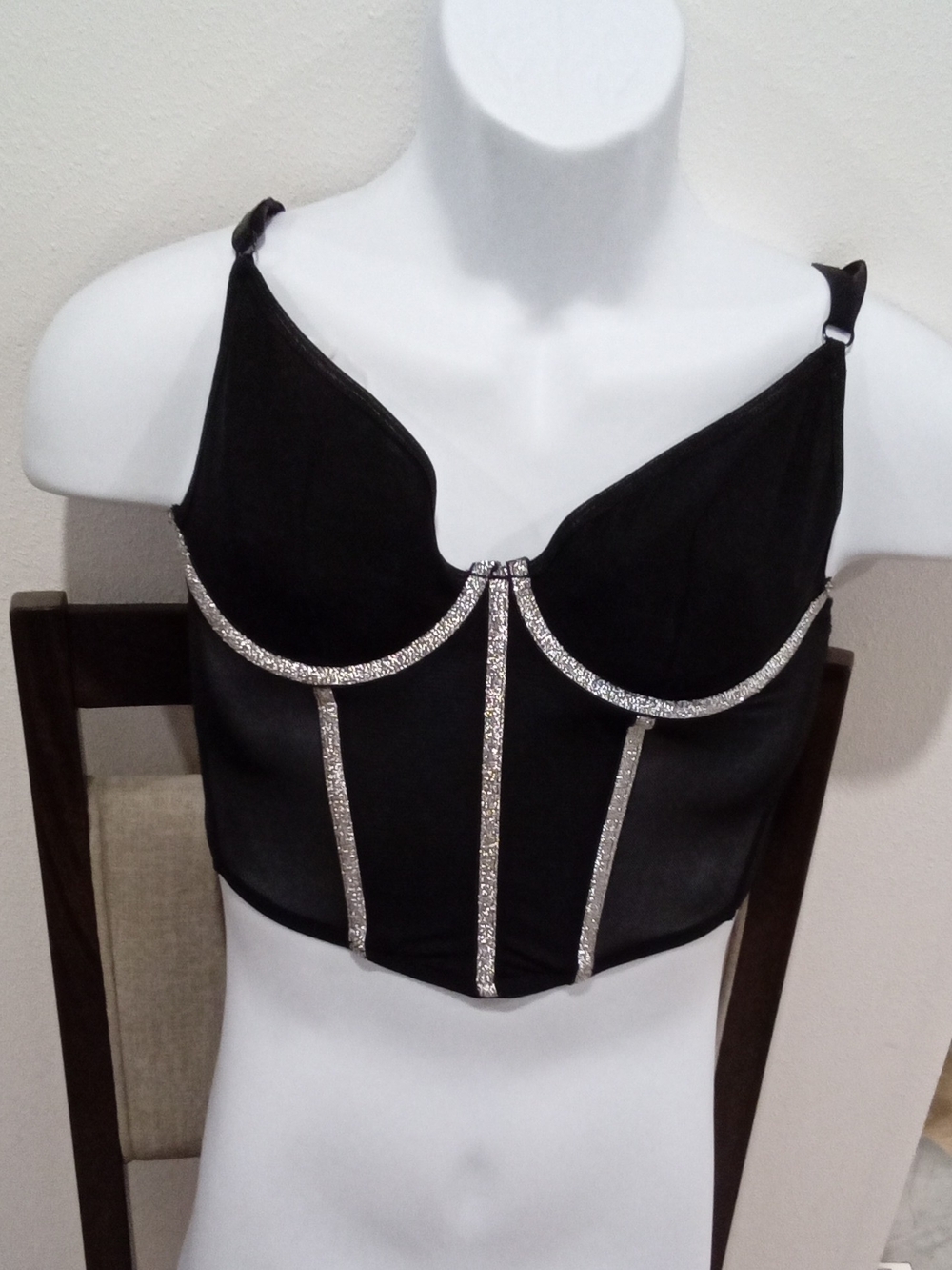 Black Silver Glitter-Trim Corset Top